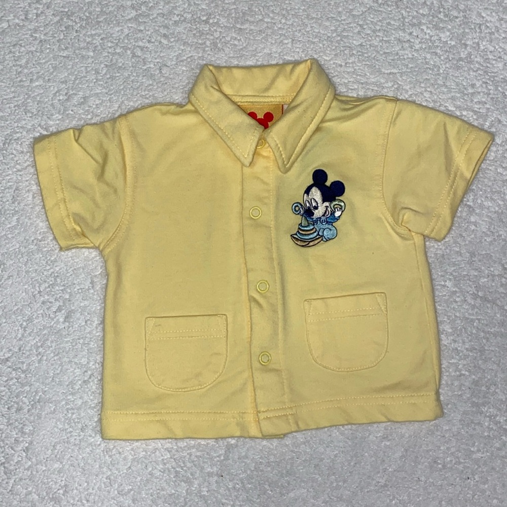 Disney Mickey Mouse yellow short sleeve button down collared shirt 3/6m